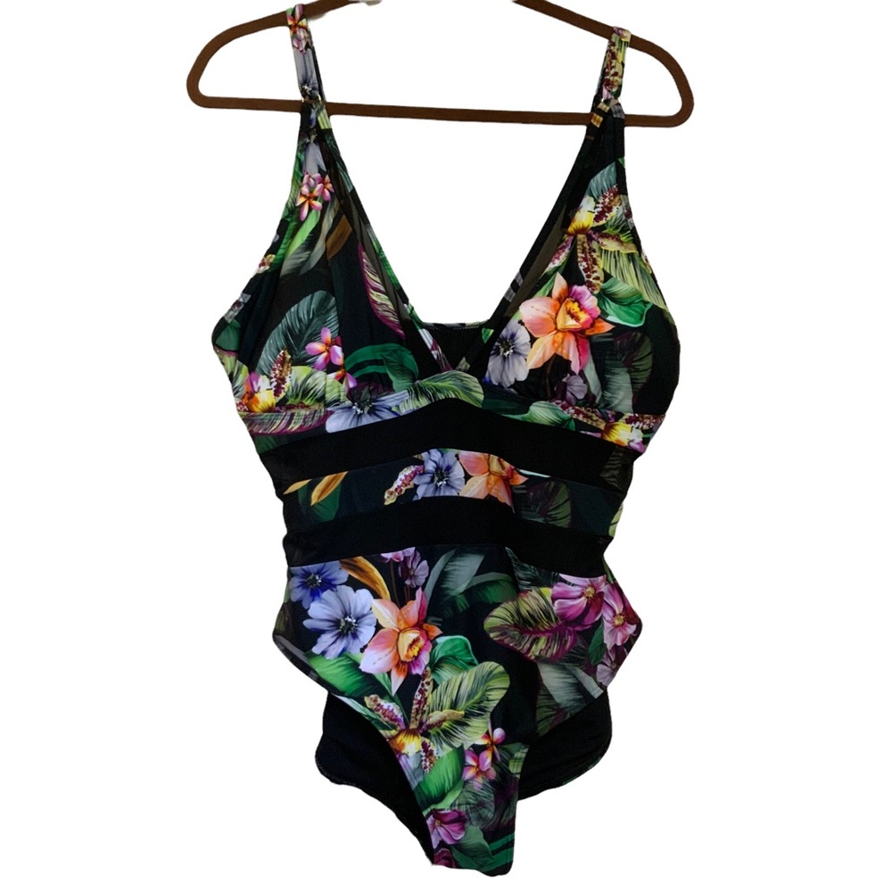 Coral Tropics by Apollo Swim Black Floral With Sheer Panels swimsuit sz 3X NWT